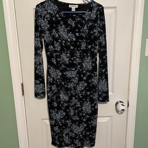Motherhood Maternity black dress with blue flower pattern and front ruching